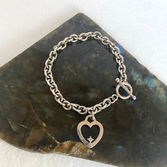 Solid Sterling Silver 925 UD Diamond Chip Heart Charm Cable Chain Bracelet 7.25" - Picture 13 of 16